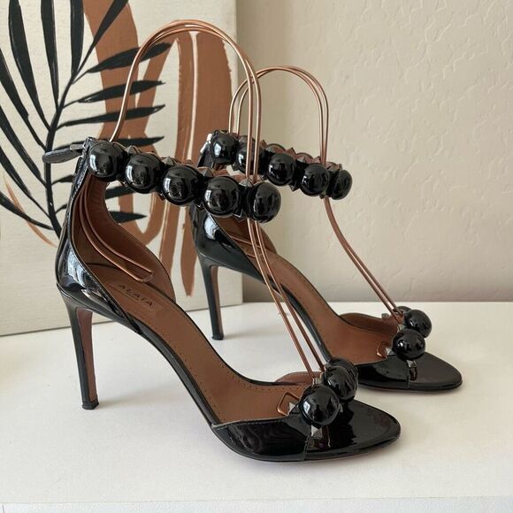Alaia Bombe 90 Black Ankle-Strap Studded Leather Stiletto Heel Sandals Size 37 - Picture 3 of 8